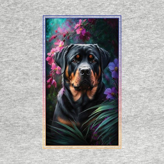 Rottweiler Dog Vibrant Tropical Flower Tall Digital Oil Painting Portrait 2 by ArtHouseFlunky